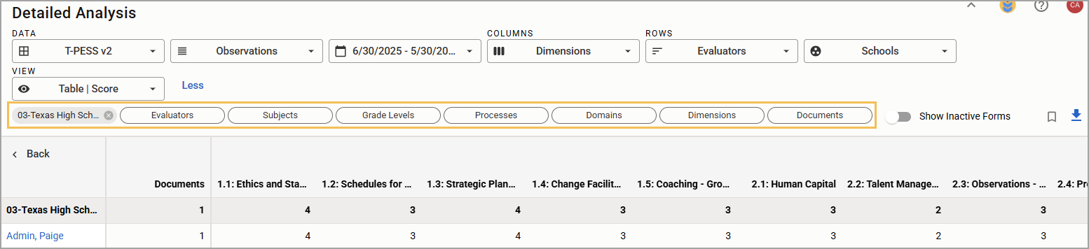 Detailed analysis table showing dimension data for the T-TESS v2 evaluation process.